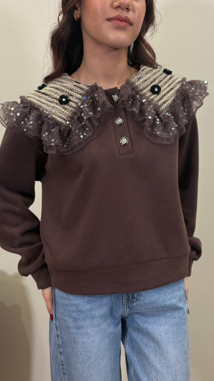 Felpa con colletto in pizzo e paillettes