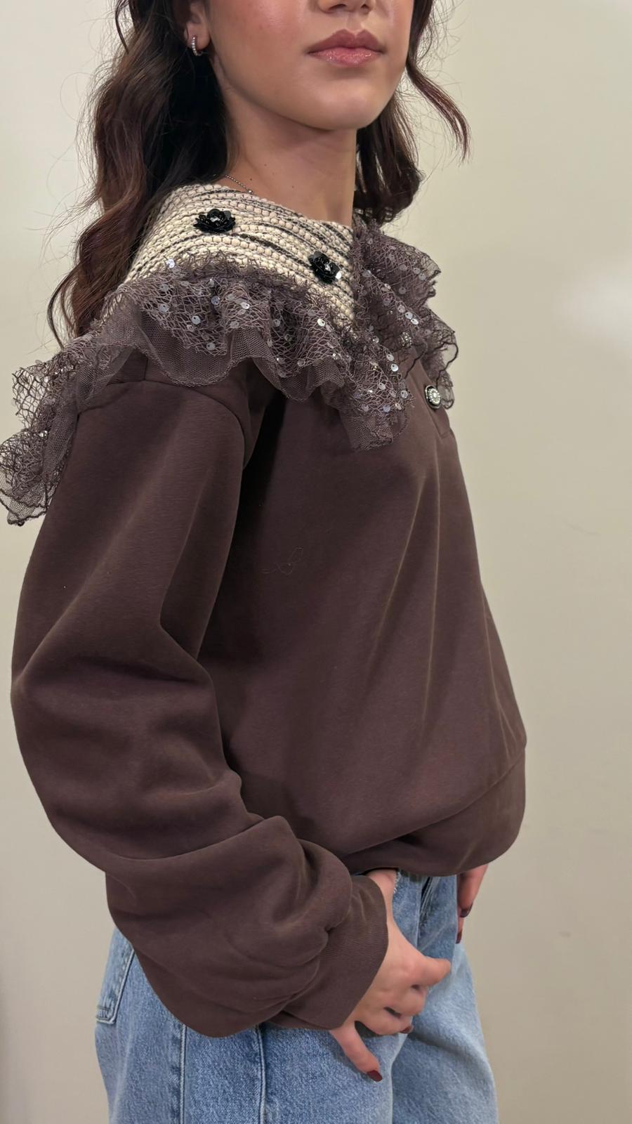 Felpa con colletto in pizzo e paillettes